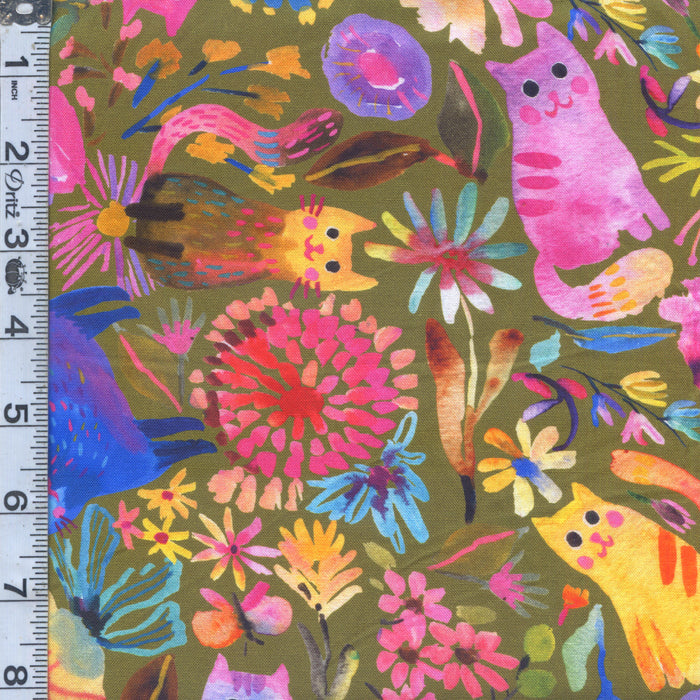 Whisker Wonderland - Floral Cats Olive