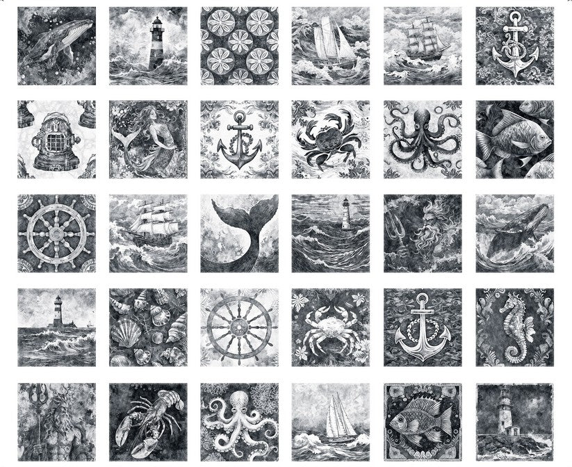 Ocean Blues Panel - Nautical Motif Patches Charcoal