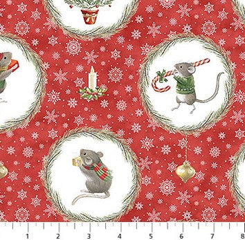 The Christmas Mouse Flannel - Wreaths Red 11" Remnant
