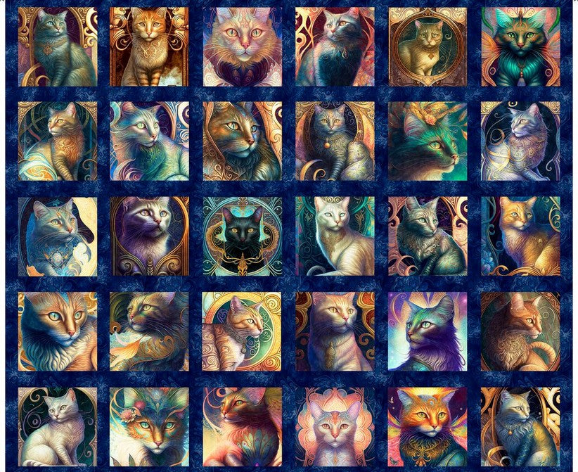 Feline Fantasia Panel - Cat Patches Navy