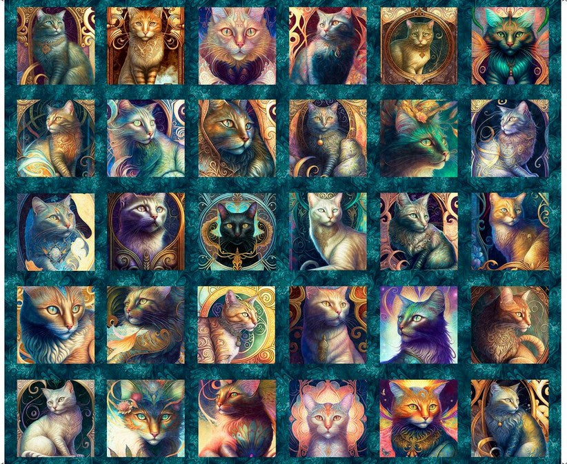 Feline Fantasia Panel - Cat Patches Teal