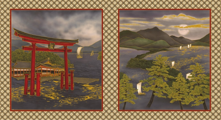 Torii Gate Panel - Japanese Shrine Sepia w/ Gold Metallic