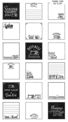 Sewing is My Happy Place Panel - Sewing Blocks White/Black